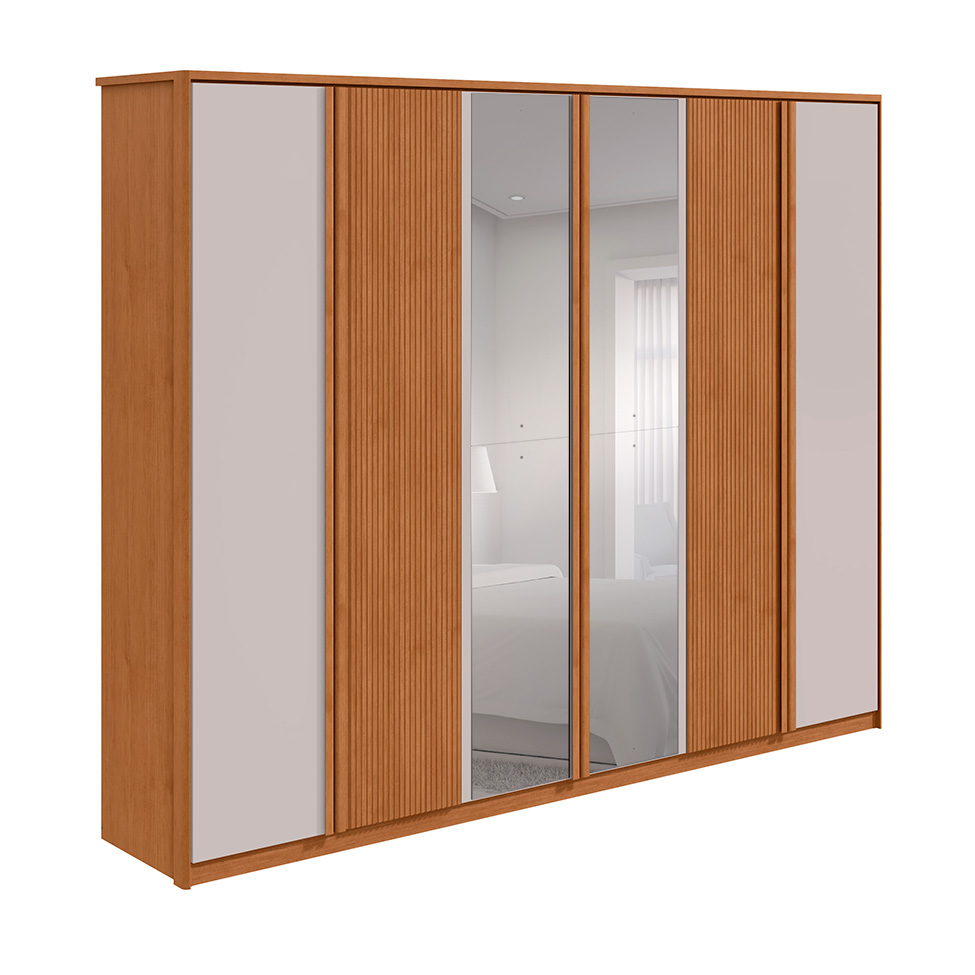 Guarda-Roupa Casal com Espelho Ollie sem Pés 6 Portas 6 Gavetas Amêndoa e Off White