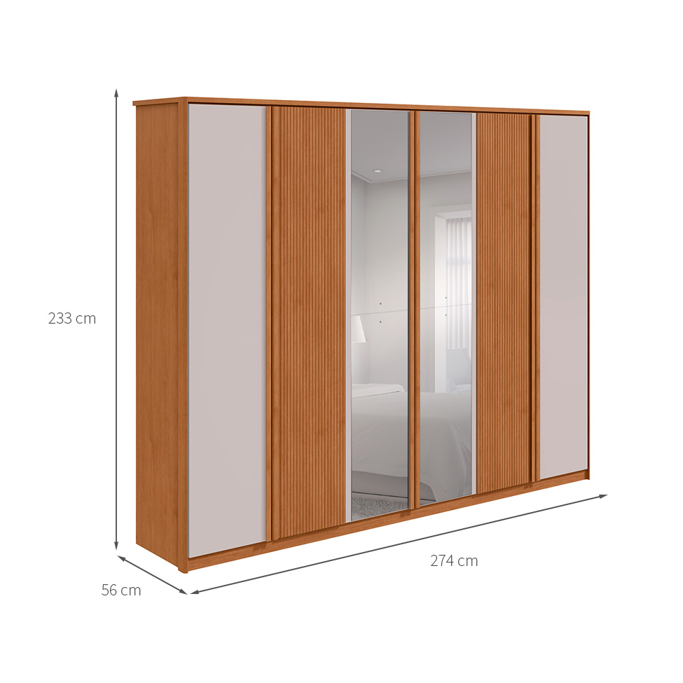 Guarda-Roupa Casal com Espelho Ollie sem Pés 6 Portas 6 Gavetas Amêndoa e Off White