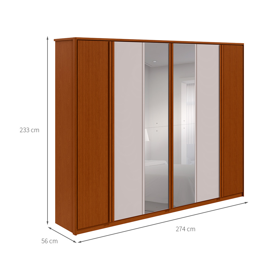 Guarda-Roupa Casal com Espelho Ollie sem Pés 6 Portas 6 Gavetas Frassino e Off White