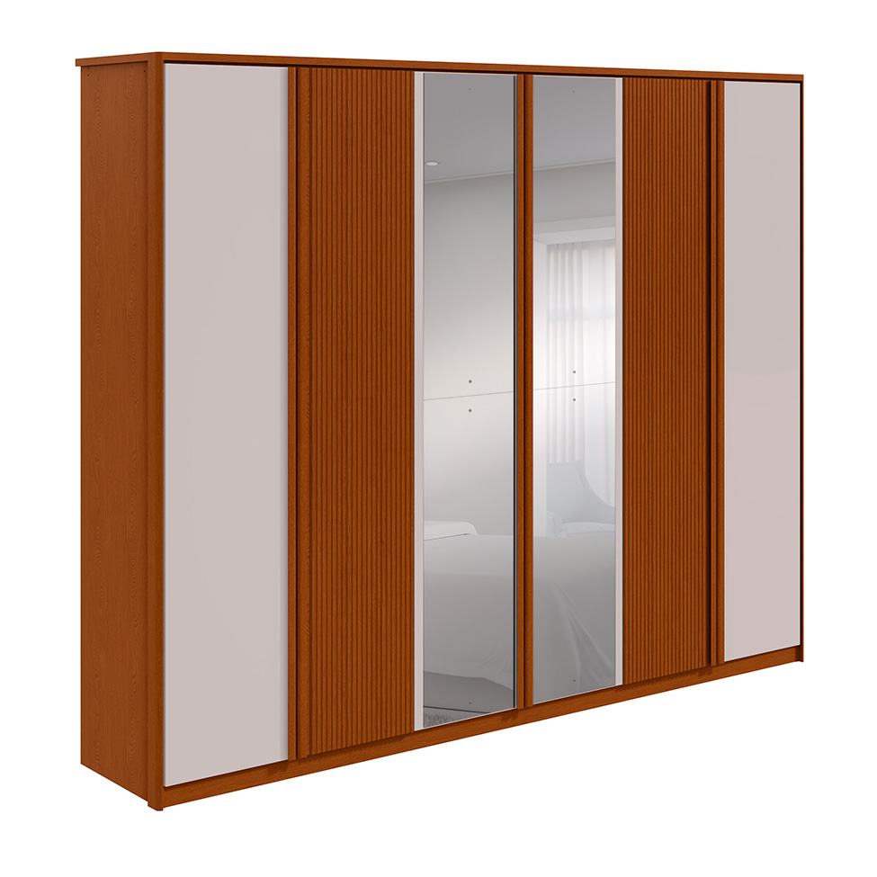 Guarda-Roupa Casal com Espelho Ollie sem Pés 6 Portas 6 Gavetas Frassino e Off White