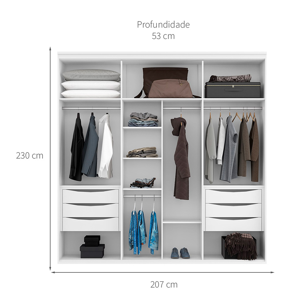 Guarda-Roupa Casal com Espelho Originale 6 Portas 6 Gavetas Branco 207 cm