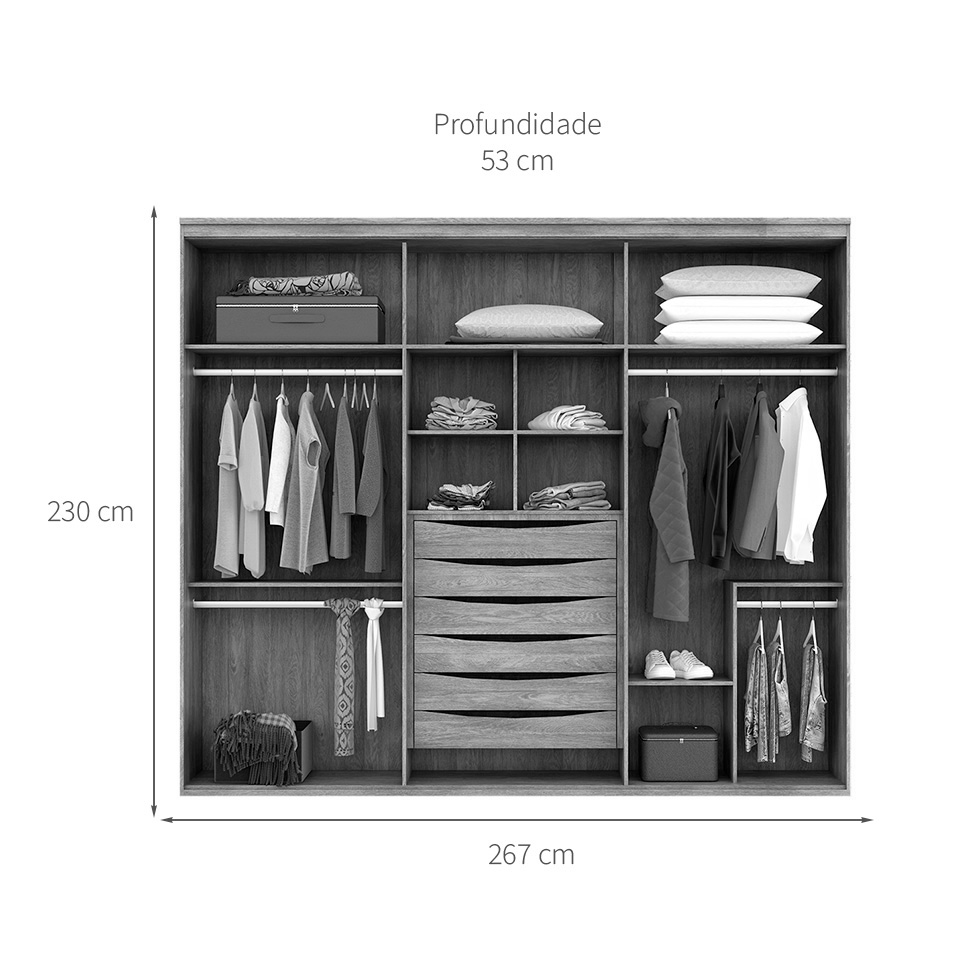 Guarda-Roupa Casal com Espelho Originale 6 Portas 6 Gavetas Branco 267 cm