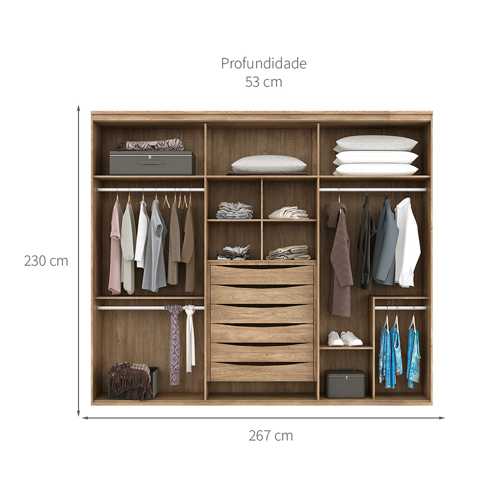 Guarda-Roupa Casal com Espelho Originale 6 Portas 6 Gavetas Carvalho 267 cm