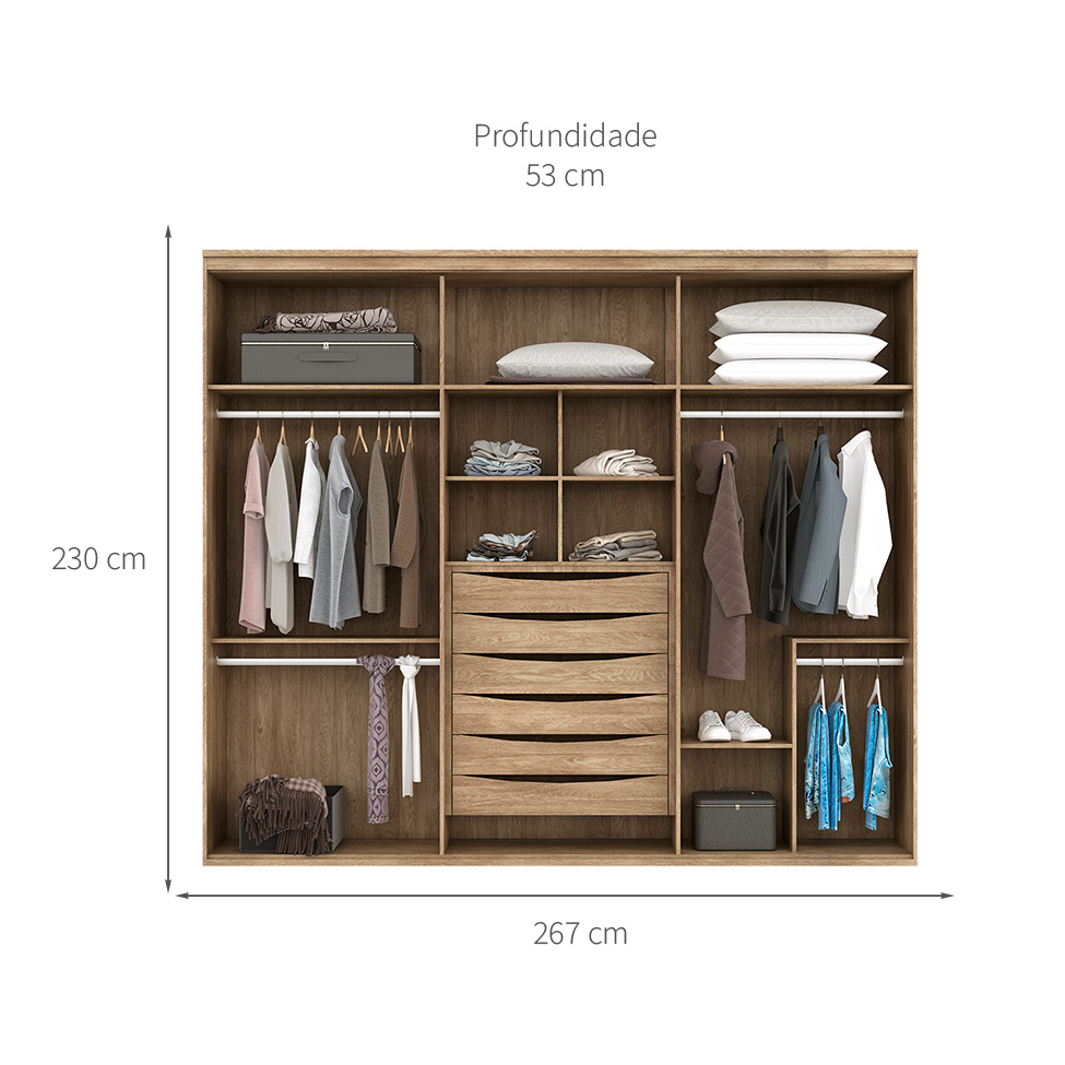 Guarda-Roupa Casal com Espelho Originale 6 Portas 6 Gavetas Carvalho e Off White 267 cm