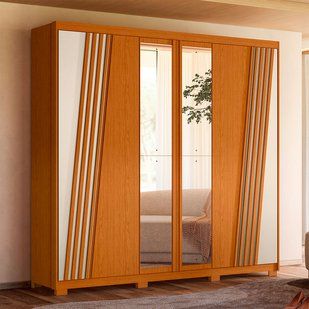 Guarda-Roupa Casal com Espelho Ouro Verde 6 Portas 4 Gavetas Cinamomo e Off White