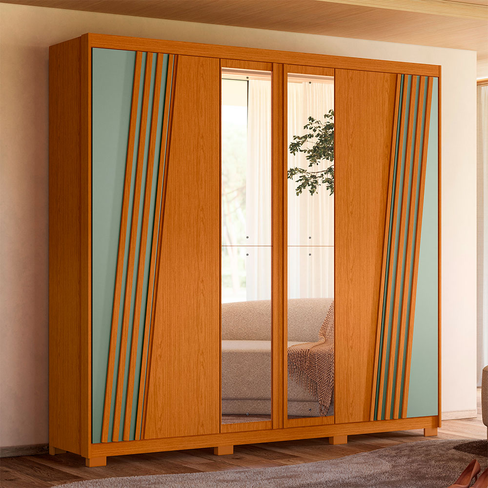 Guarda-Roupa Casal com Espelho Ouro Verde 6 Portas 4 Gavetas Cinamomo e Sálvia