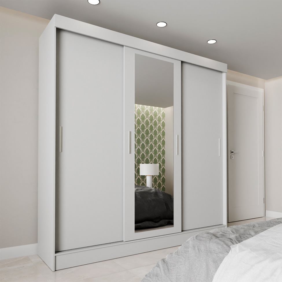 Guarda-Roupa Casal com Espelho Paris 3 Portas 2 Gavetas Branco
