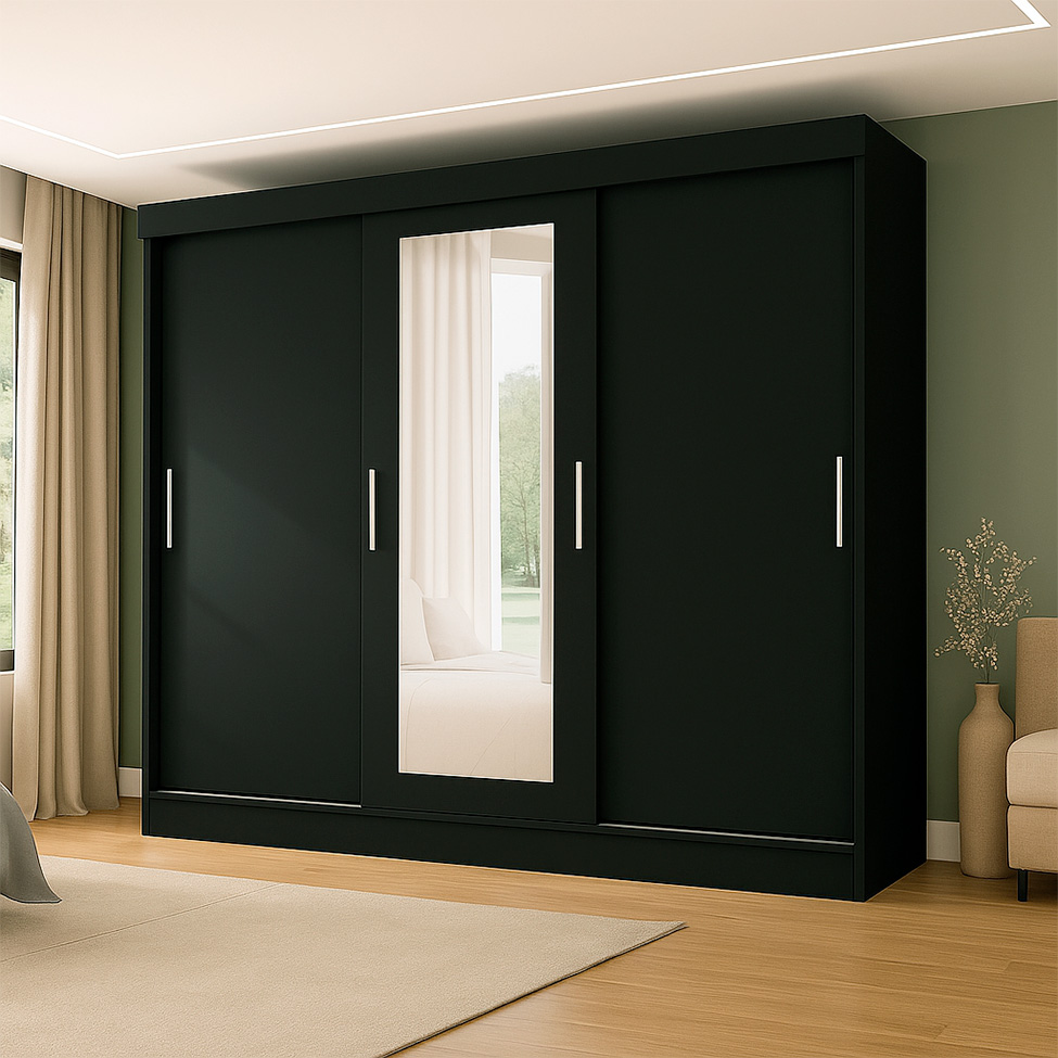 Guarda-Roupa Casal com Espelho Paris 3 Portas 2 Gavetas Preto