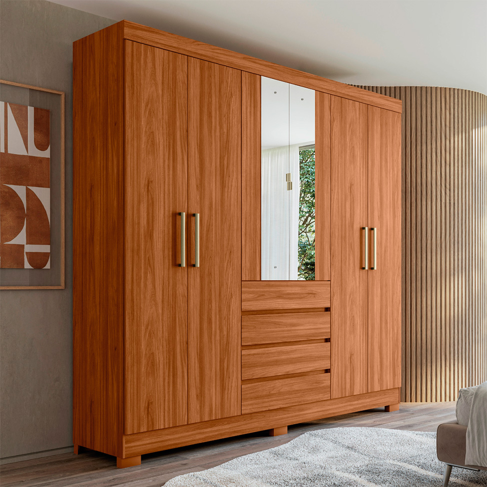 Guarda-Roupa Casal com Espelho Peri 6 Portas 4 Gavetas Nogueira