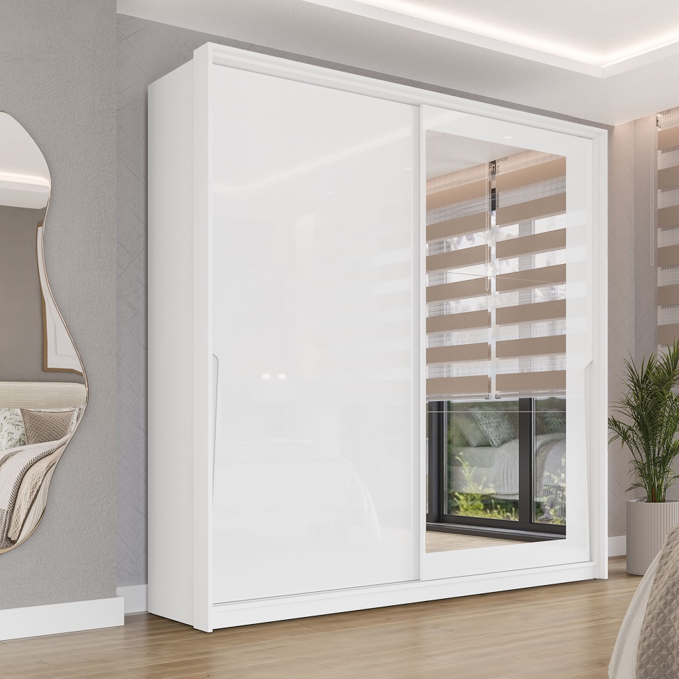 Guarda-Roupa Casal com Espelho Porto 2 Portas 2 Gavetas Branco