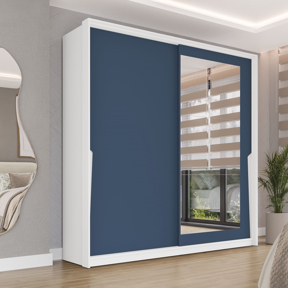 Guarda-Roupa Casal com Espelho Porto 2 Portas 2 Gavetas Branco e Azul