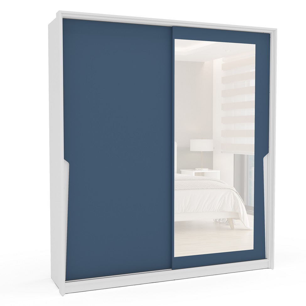 Guarda-Roupa Casal com Espelho Porto 2 Portas 2 Gavetas Branco e Azul