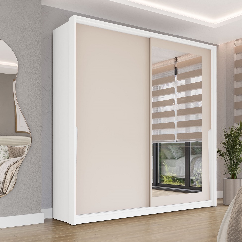 Guarda-Roupa Casal com Espelho Porto 2 Portas 2 Gavetas Branco e Creme