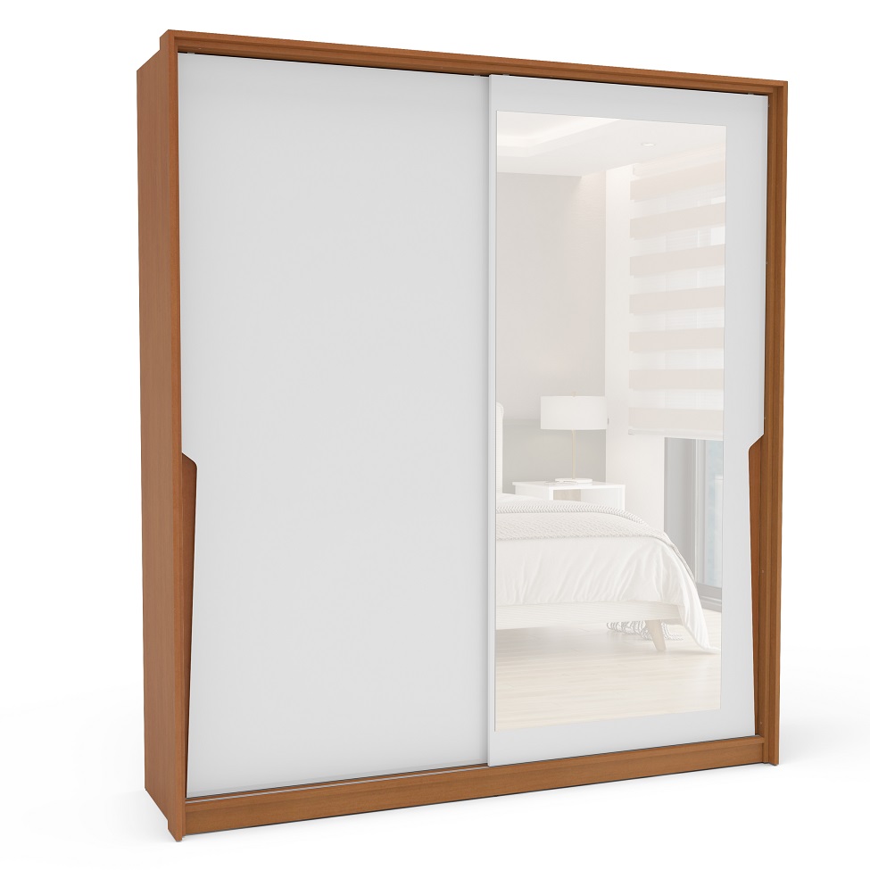 Guarda-Roupa Casal com Espelho Porto 2 Portas 2 Gavetas Branco e Freijó