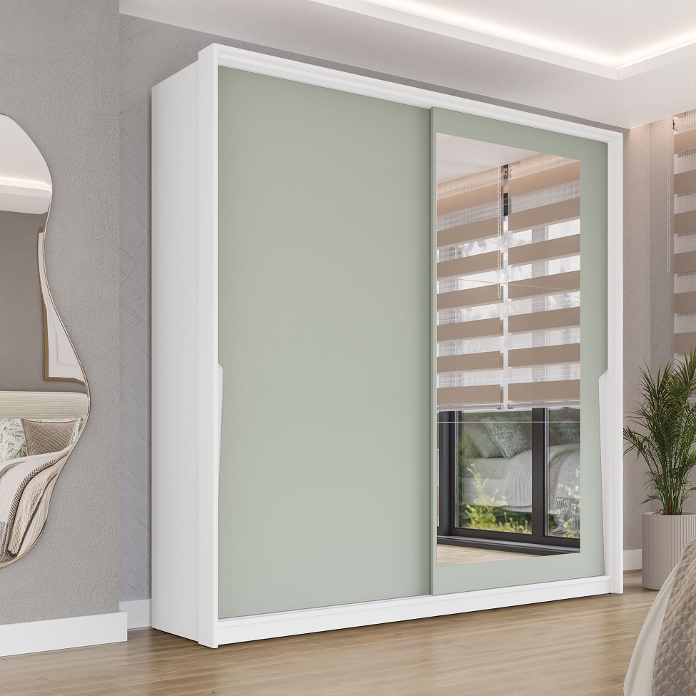 Guarda-Roupa Casal com Espelho Porto 2 Portas 2 Gavetas Branco e Verde