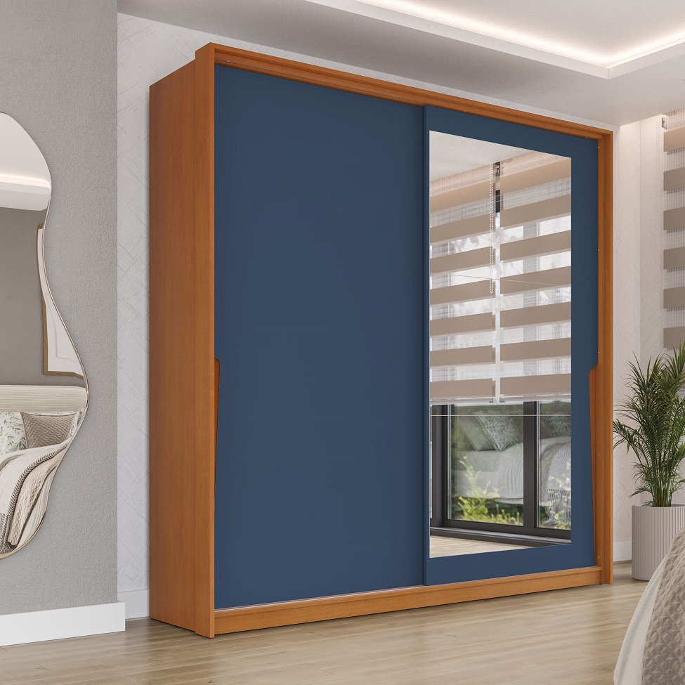 Guarda-Roupa Casal com Espelho Porto 2 Portas 2 Gavetas Freijó e Azul
