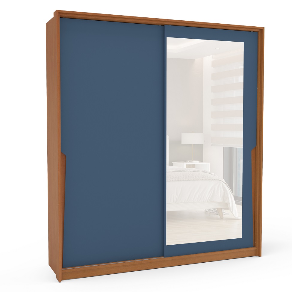Guarda-Roupa Casal com Espelho Porto 2 Portas 2 Gavetas Freijó e Azul