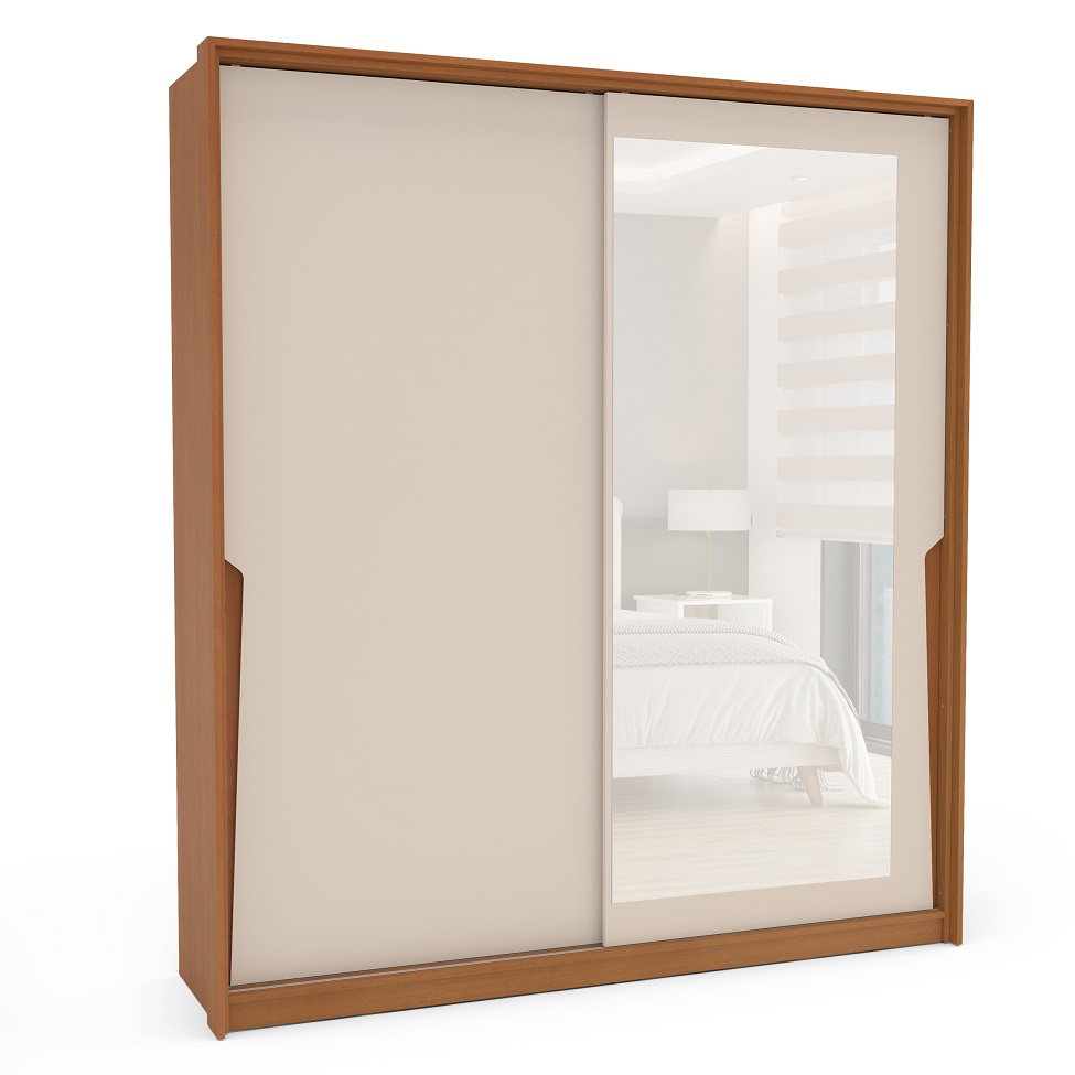 Guarda-Roupa Casal com Espelho Porto 2 Portas 2 Gavetas Freijó e Creme