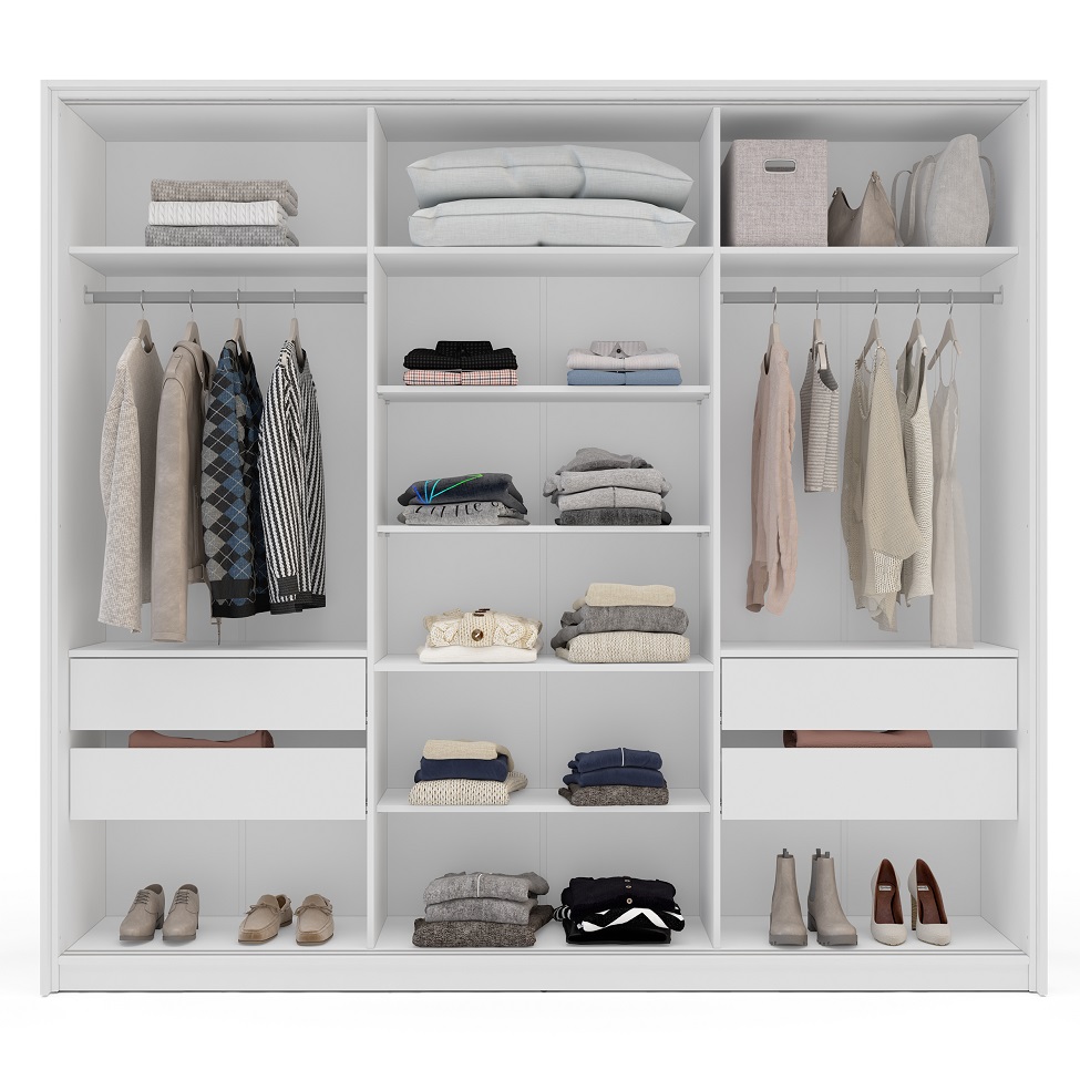 Guarda-Roupa Casal com Espelho Porto 3 Portas 4 Gavetas Branco e Azul