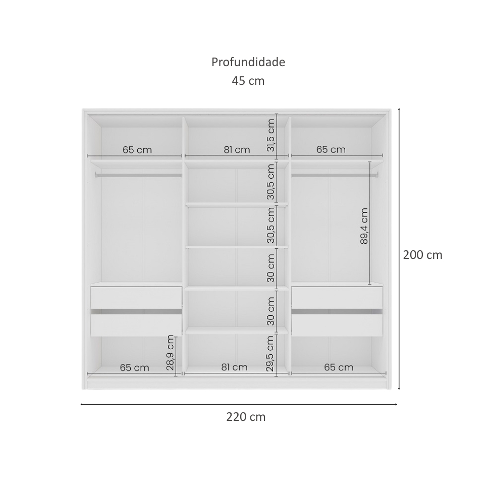 Guarda-Roupa Casal com Espelho Porto 3 Portas 4 Gavetas Branco e Azul