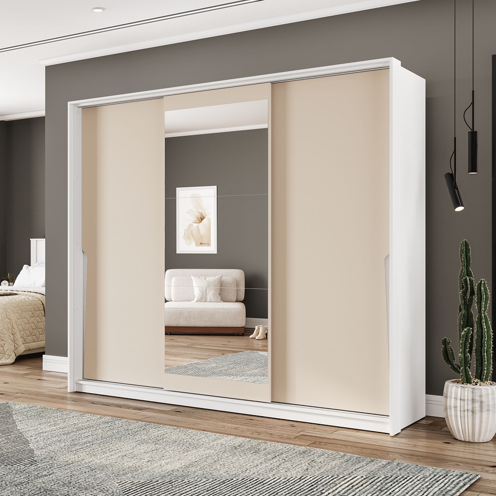 Guarda-Roupa Casal com Espelho Porto 3 Portas 4 Gavetas Branco e Creme