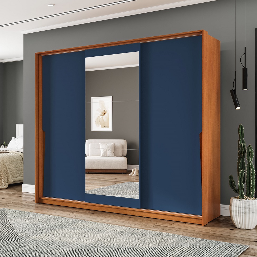 Guarda-Roupa Casal com Espelho Porto 3 Portas 4 Gavetas Freijó e Azul