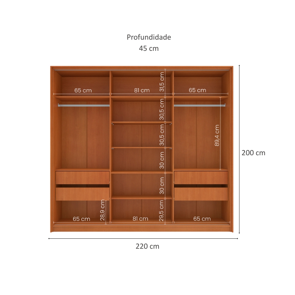 Guarda-Roupa Casal com Espelho Porto 3 Portas 4 Gavetas Freijó e Azul