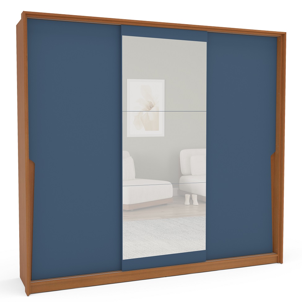 Guarda-Roupa Casal com Espelho Porto 3 Portas 4 Gavetas Freijó e Azul