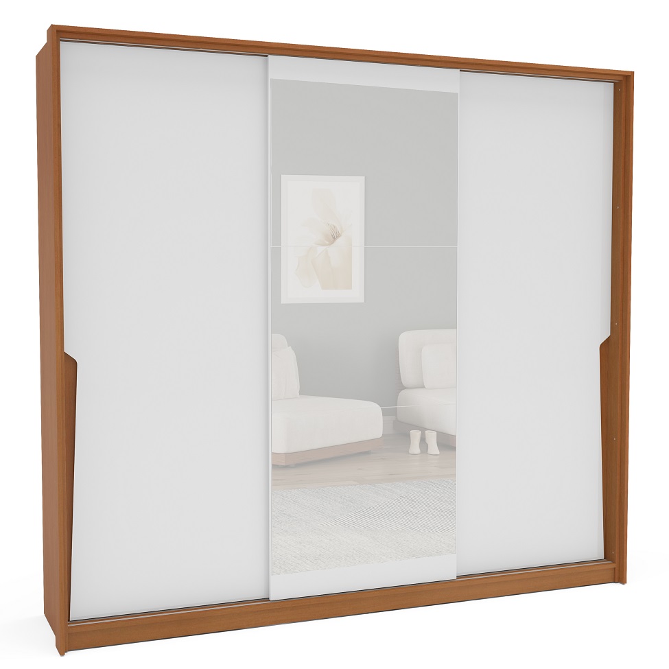 Guarda-Roupa Casal com Espelho Porto 3 Portas 4 Gavetas Freijó e Branco