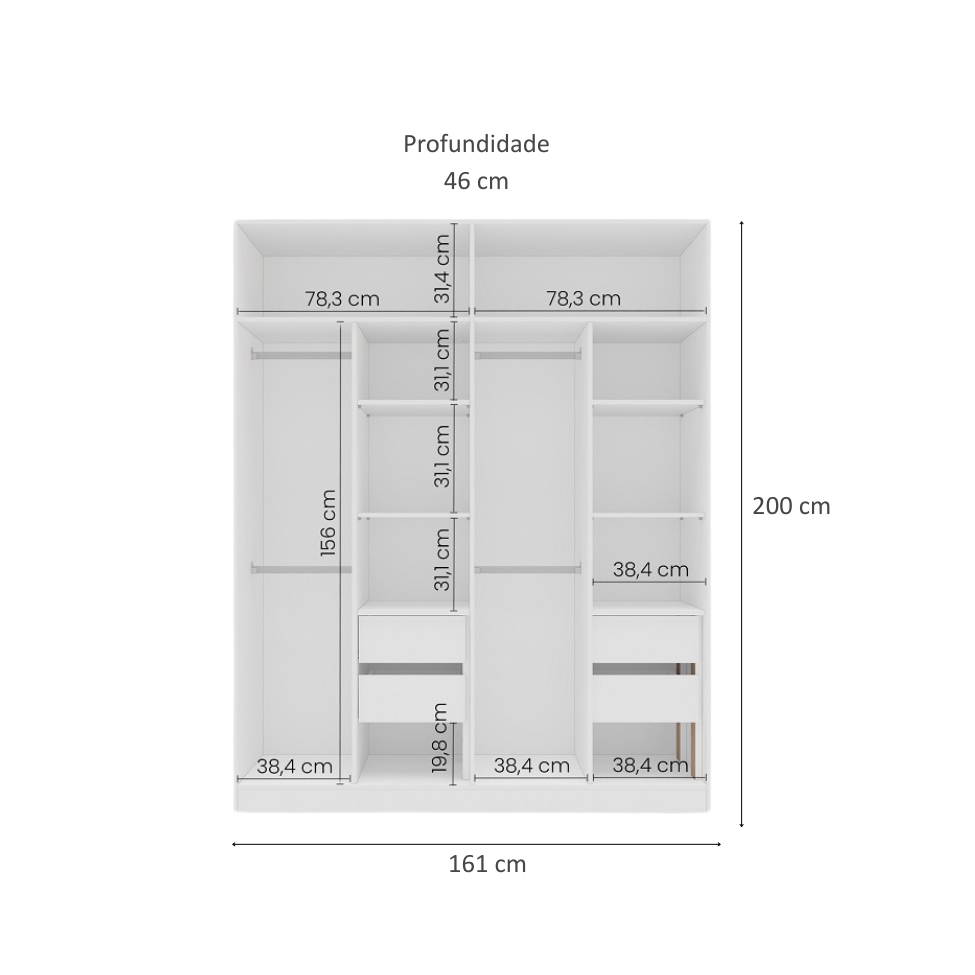 Guarda-Roupa Casal com Espelho Porto 4 Portas 4 Gavetas Branco