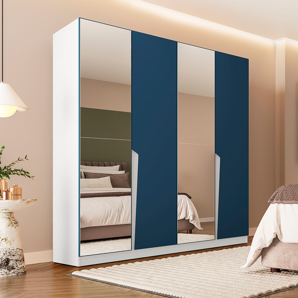 Guarda-Roupa Casal com Espelho Porto 4 Portas 4 Gavetas Branco e Azul