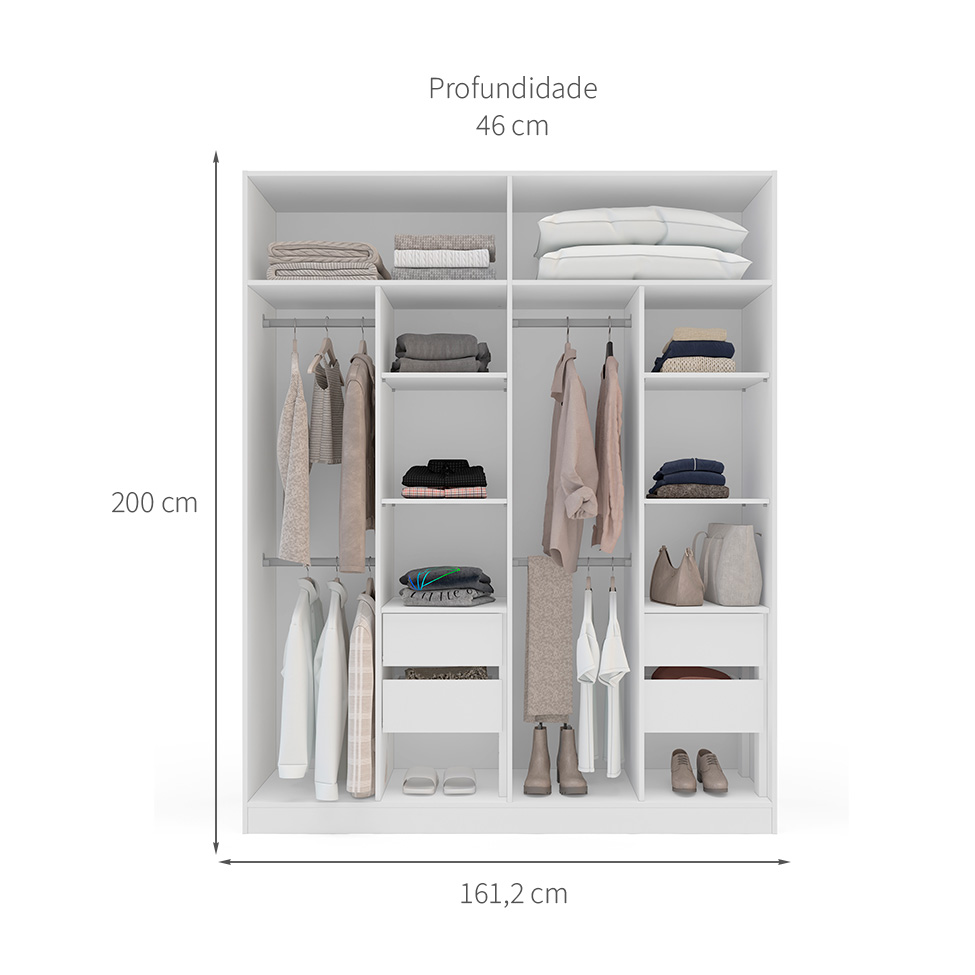 Guarda-Roupa Casal com Espelho Porto 4 Portas 4 Gavetas Branco e Azul