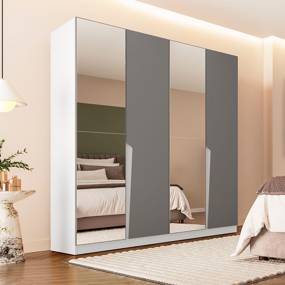 Guarda-Roupa Casal com Espelho Porto 4 Portas 4 Gavetas Branco e Cinza