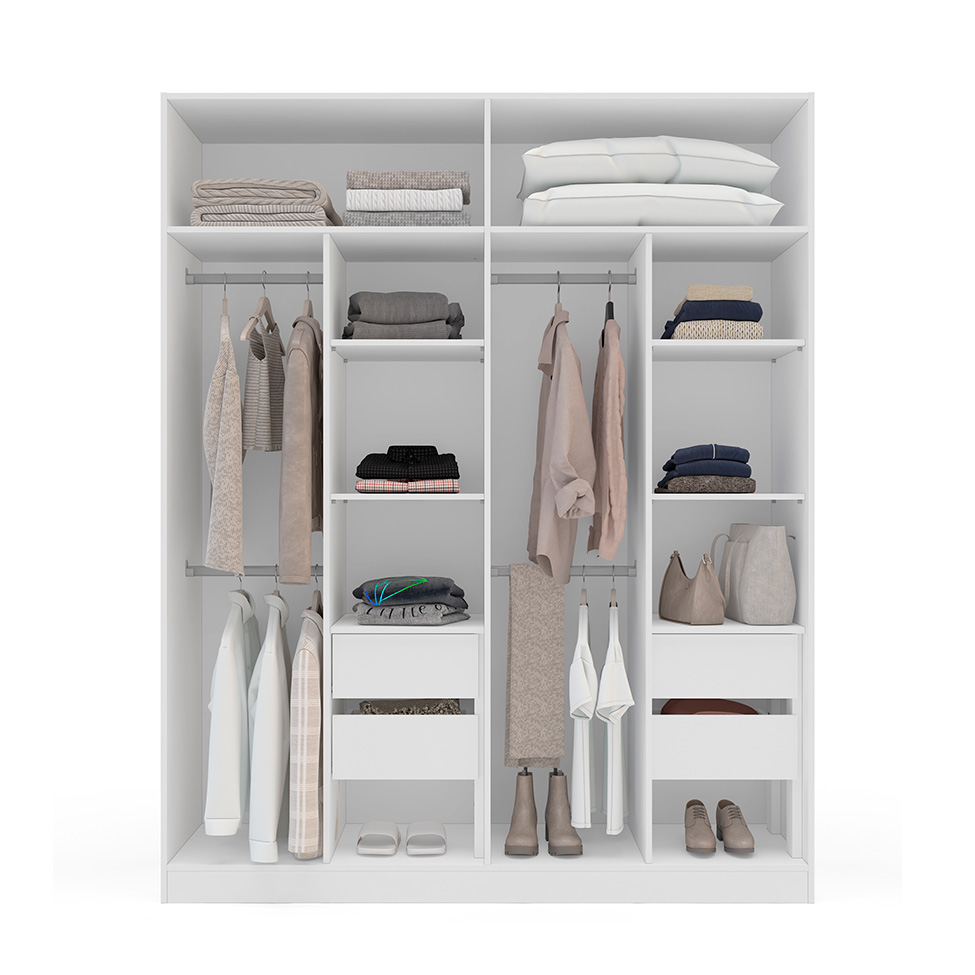 Guarda-Roupa Casal com Espelho Porto 4 Portas 4 Gavetas Branco e Cinza