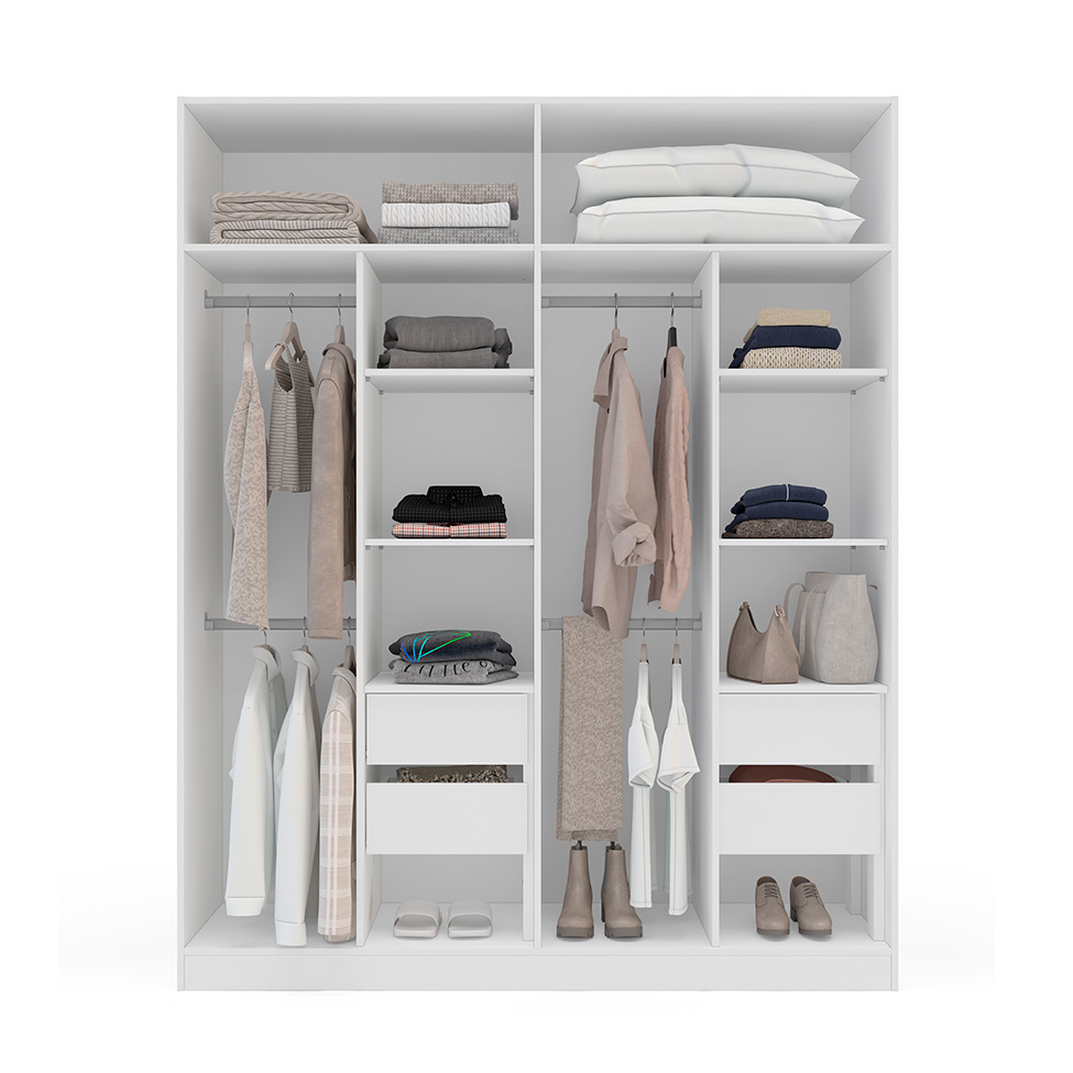 Guarda-Roupa Casal com Espelho Porto 4 Portas 4 Gavetas Branco e Creme