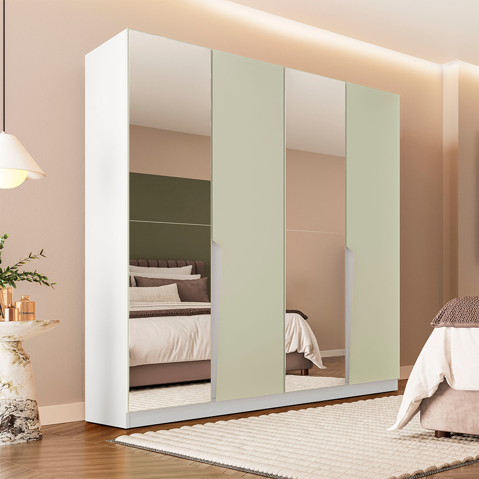 Guarda-Roupa Casal com Espelho Porto 4 Portas 4 Gavetas Branco e Verde
