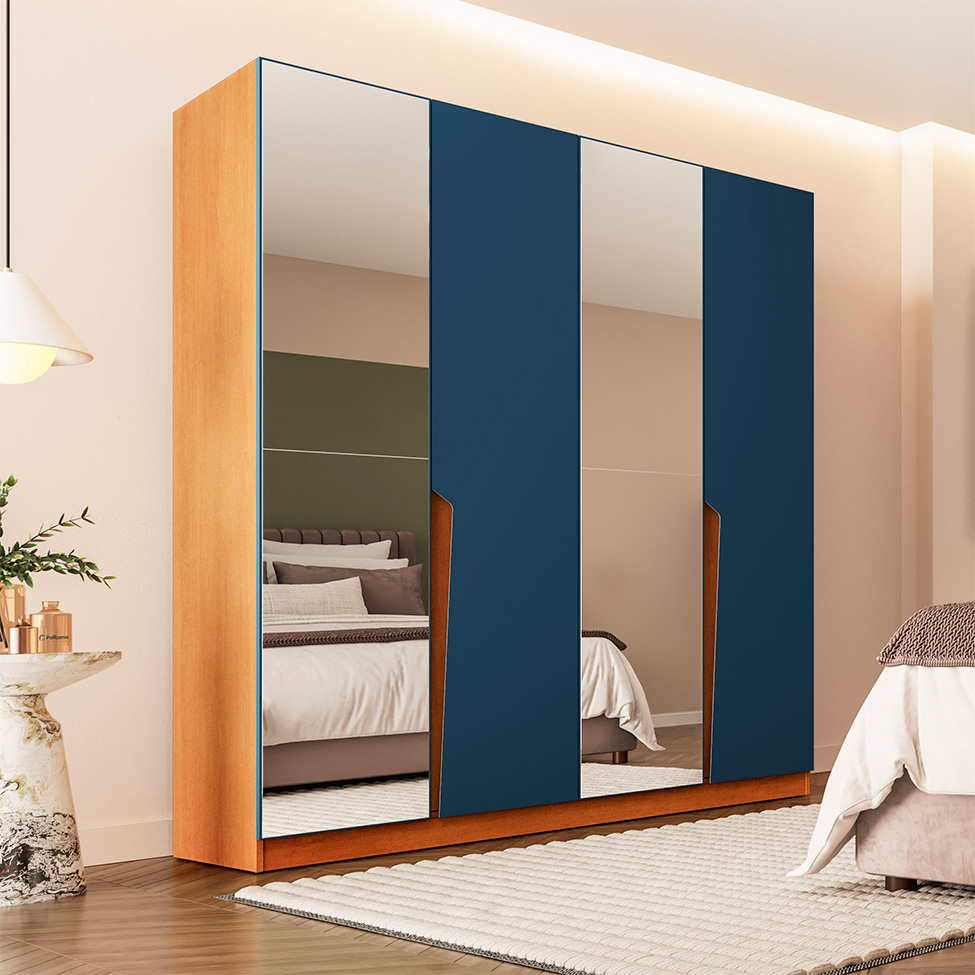 Guarda-Roupa Casal com Espelho Porto 4 Portas 4 Gavetas Freijó e Azul