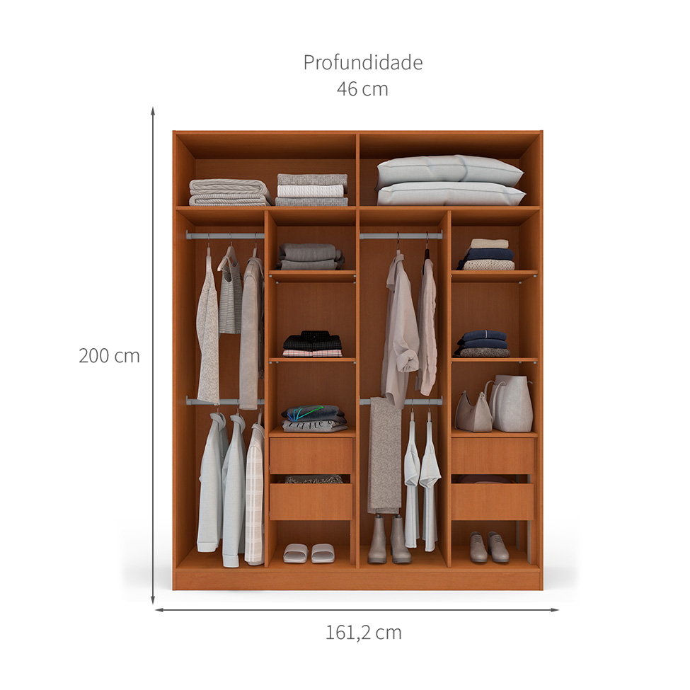 Guarda-Roupa Casal com Espelho Porto 4 Portas 4 Gavetas Freijó e Azul