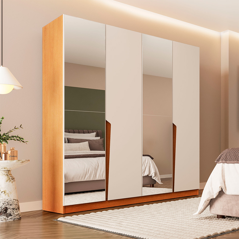 Guarda-Roupa Casal com Espelho Porto 4 Portas 4 Gavetas Freijó e Creme