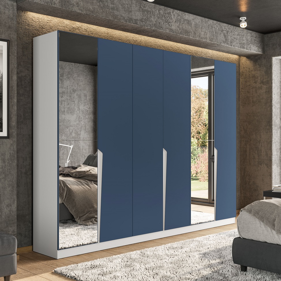 Guarda-Roupa Casal com Espelho Porto 6 Portas 4 Gavetas Branco e Azul