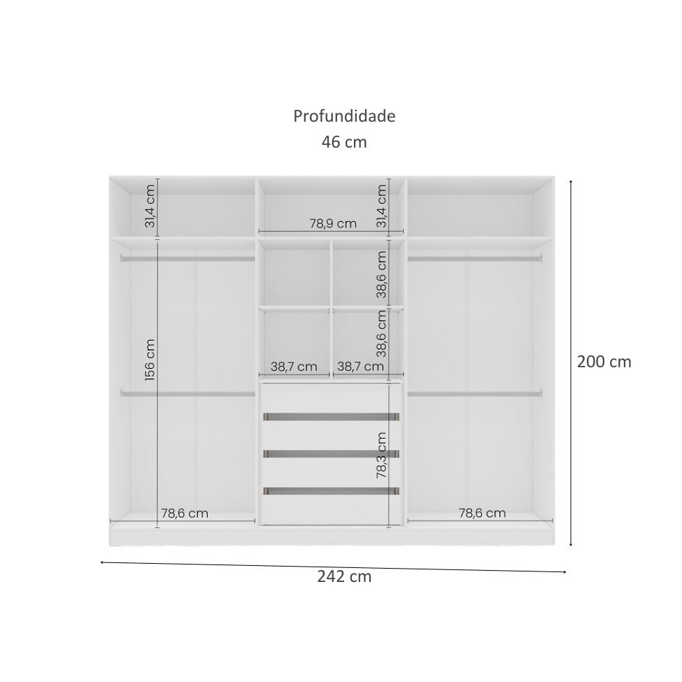 Guarda-Roupa Casal com Espelho Porto 6 Portas 4 Gavetas Branco e Cinza