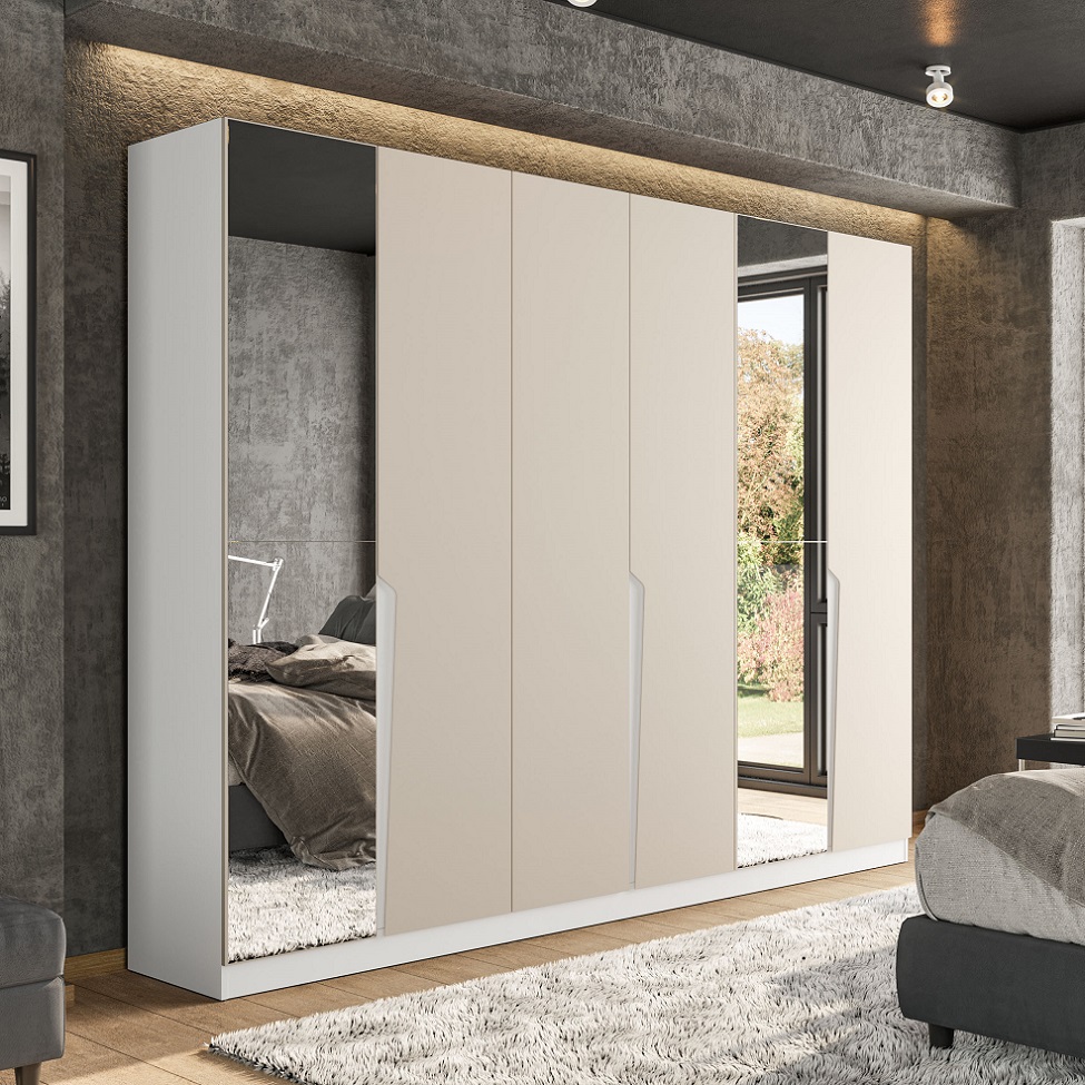 Guarda-Roupa Casal com Espelho Porto 6 Portas 4 Gavetas Branco e Creme