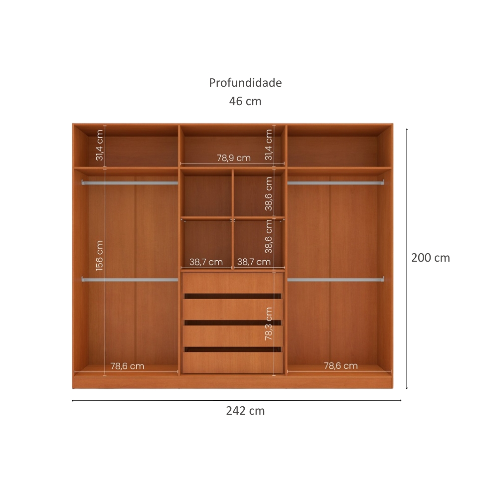 Guarda-Roupa Casal com Espelho Porto 6 Portas 4 Gavetas Freijó e Azul