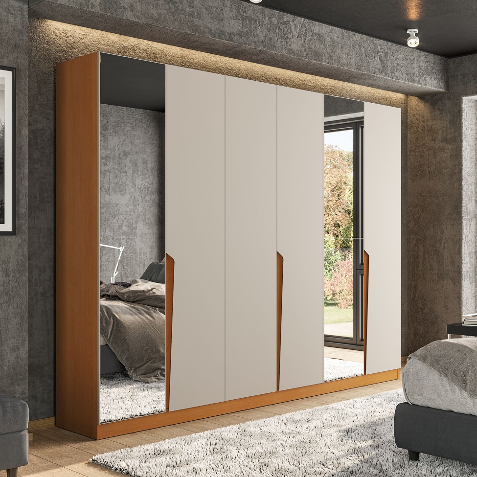 Guarda-Roupa Casal com Espelho Porto 6 Portas 4 Gavetas Freijó e Creme