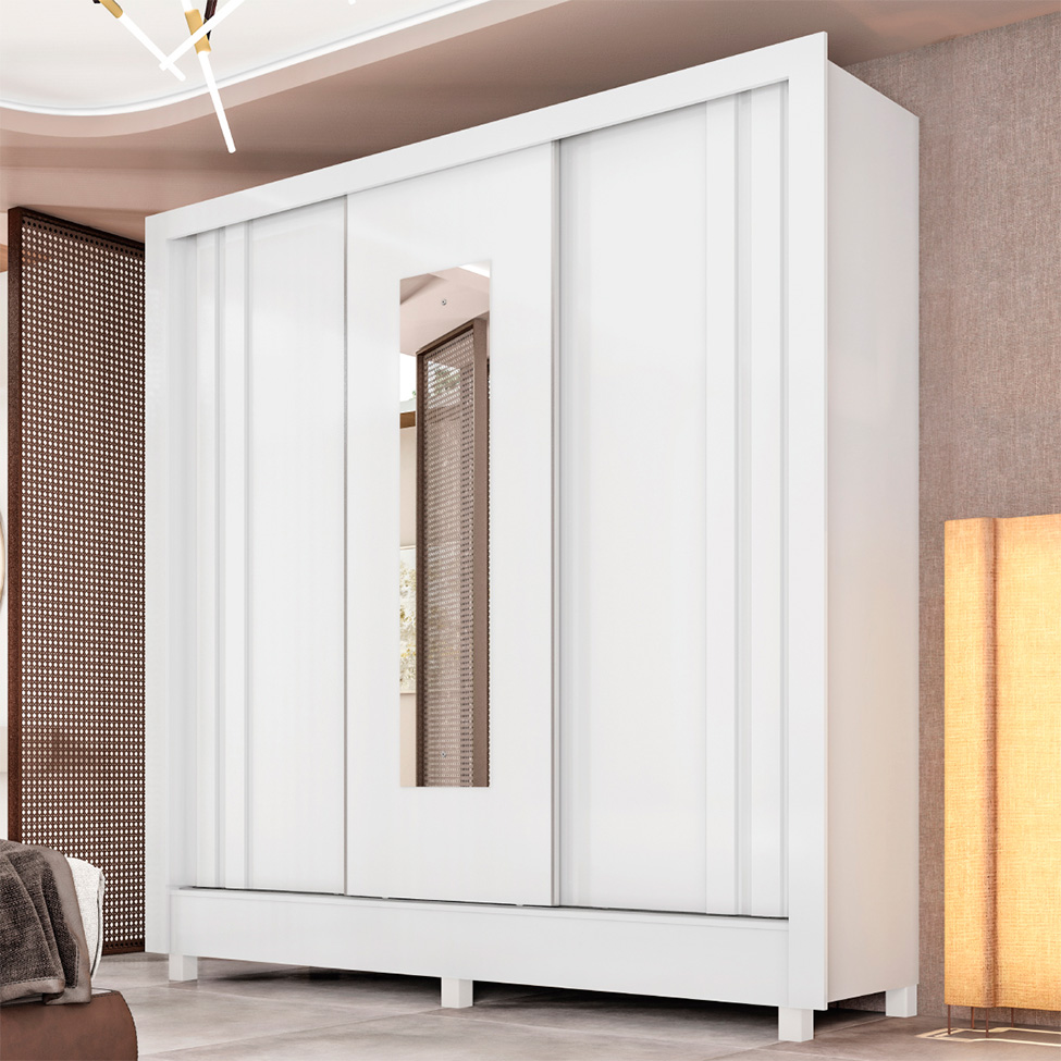 Guarda-Roupa Casal com Espelho Ravel 3 Portas 2 Gavetas Branco