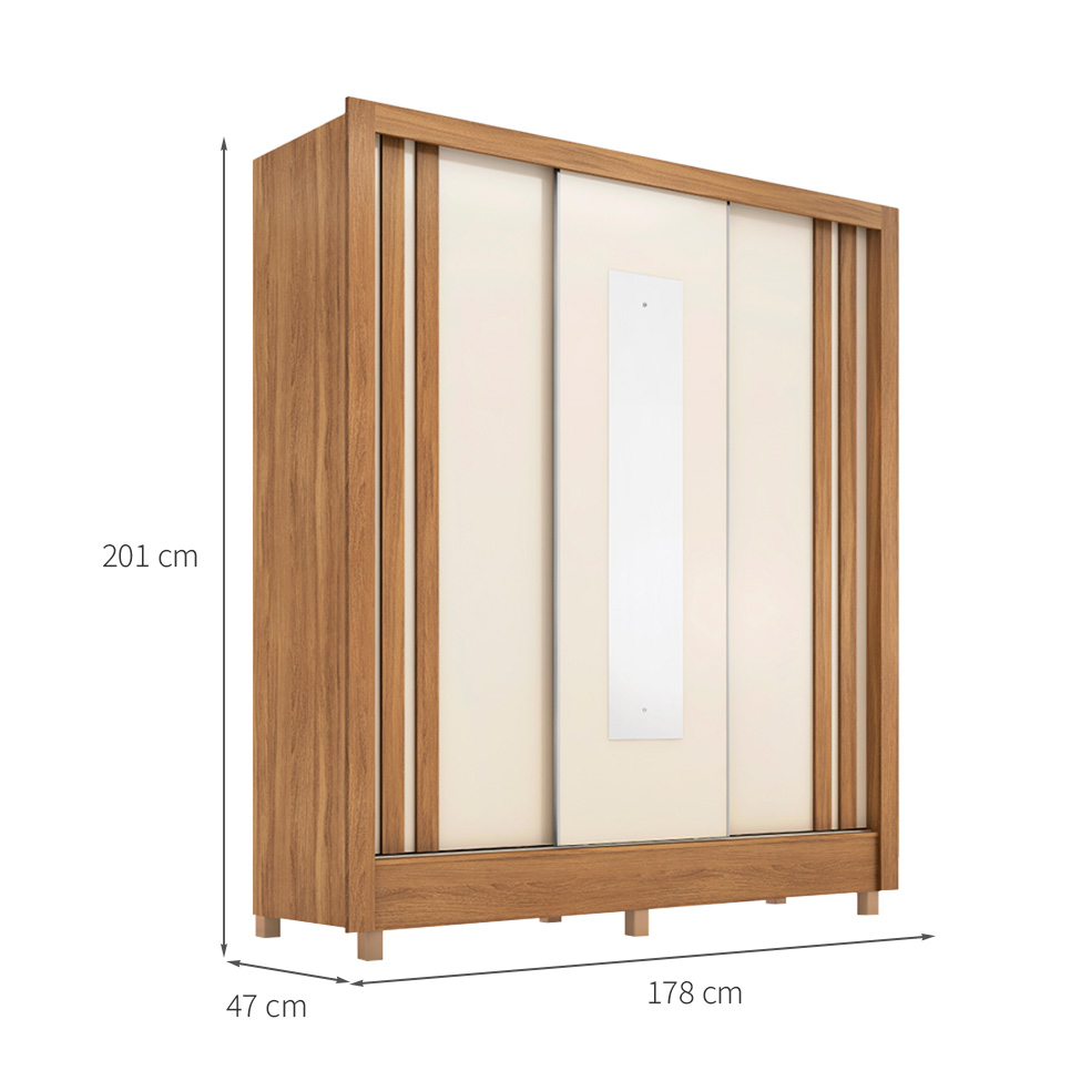 Guarda-Roupa Casal com Espelho Ravel Flex 3 Portas 2 Gavetas Amêndola e Off White