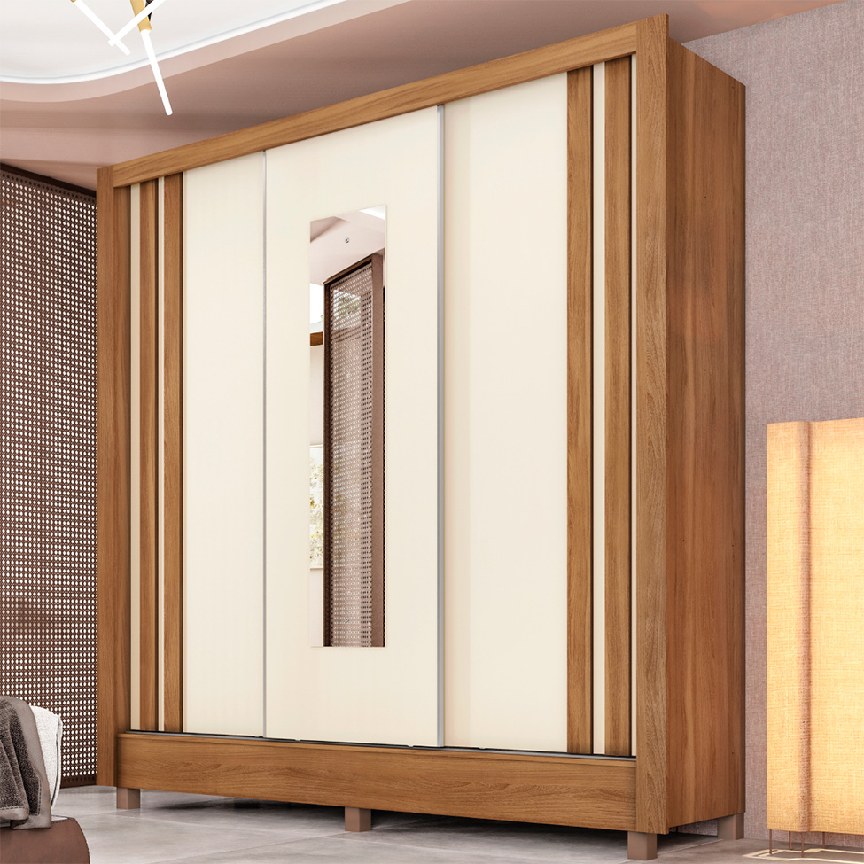 Guarda-Roupa Casal com Espelho Ravel Flex 3 Portas 2 Gavetas Amêndola e Off White