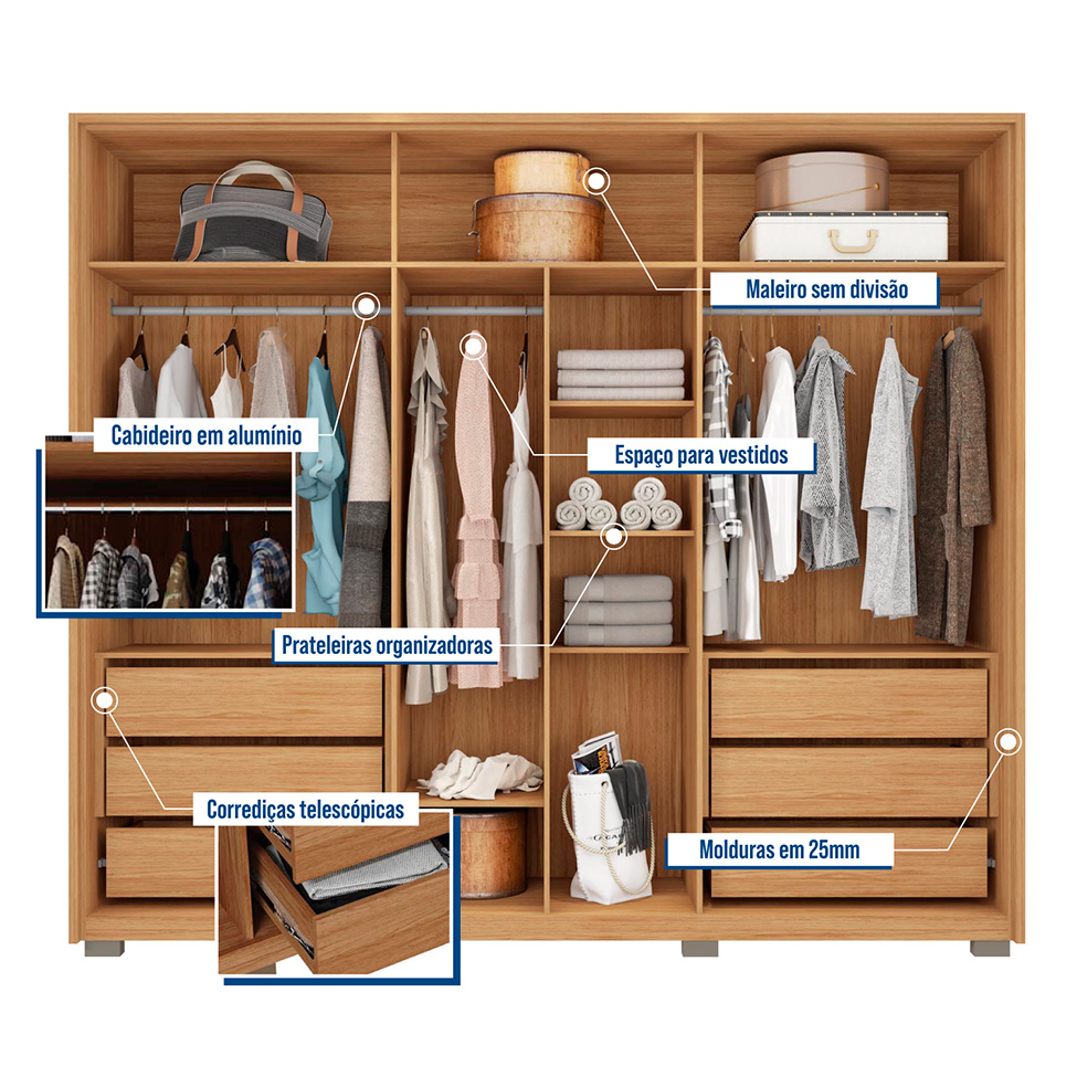 Guarda-Roupa Casal com Espelho Reflecta Absolut 6 Portas 6 Gavetas Buriti e Fendi