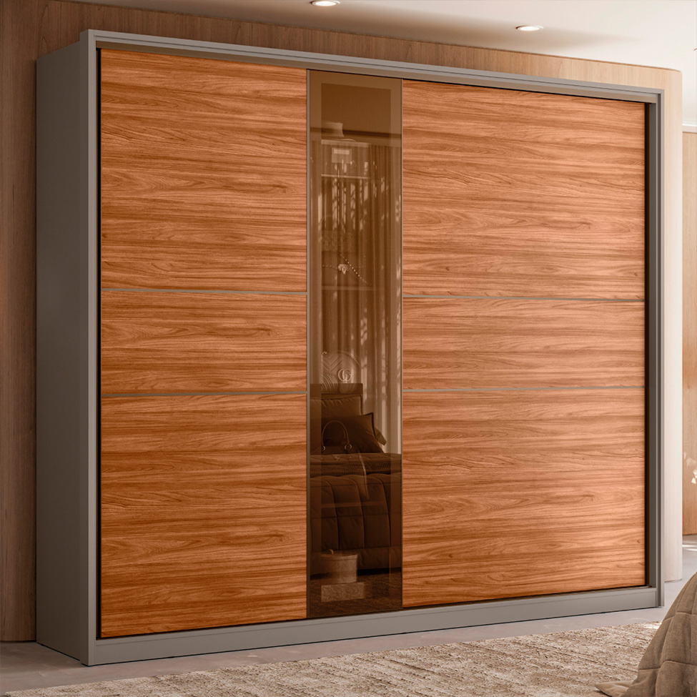 Guarda-Roupa Casal com Espelho Reflecta Authentic Flex 2 Portas 6 Gavetas Nude e Nogueira