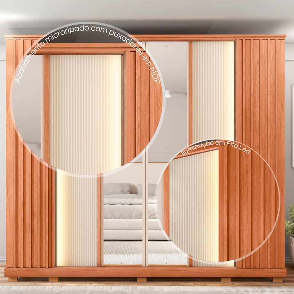 Guarda-Roupa Casal com Espelho Riva Ripado 6 Portas 4 Gavetas Freijó e Off White